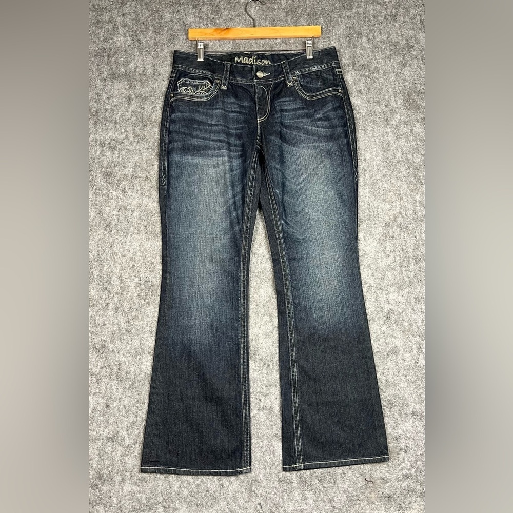 Madison Dark Blue Flare Jeans Boots Cut Size 11/12 Stretch